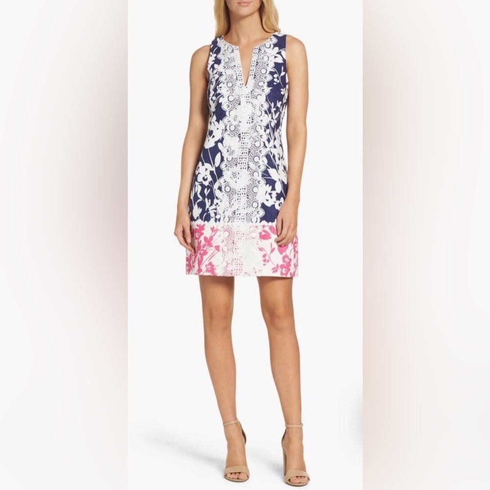 Eliza J Sheath Floral Dress Size 10 Crochet Overlay Split V-Neck Lined Navy Pink